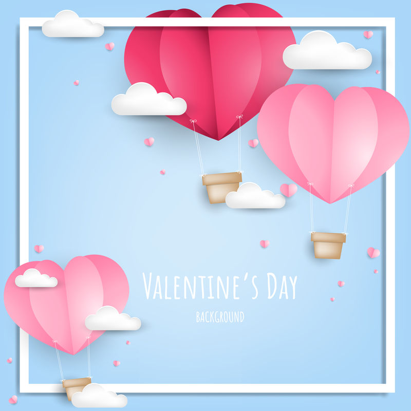 情人节的背景是剪纸心形的热气球-还有天空中带云的粉色小心形-爱情和情人节的概念-纸艺术风格