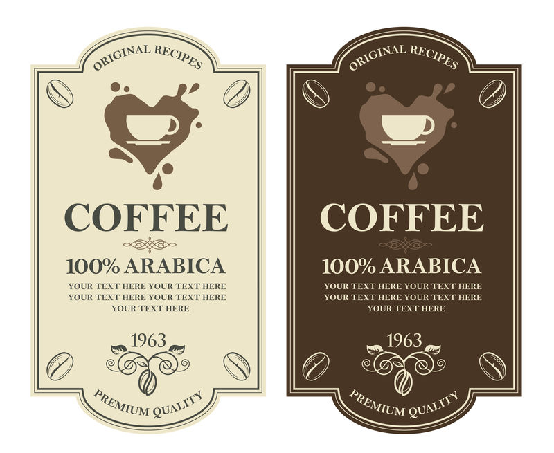 咖啡标签的收集-包括树枝豆子和杯子