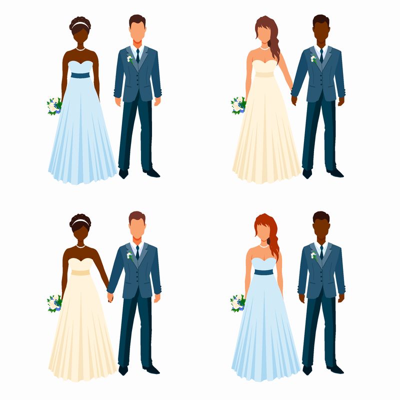 混血儿结婚了-新娘和未婚妻牵着手-站在附近-有花束和扣眼的舞会女孩和男孩-婚礼优雅的情侣卡通套装-白底隔离