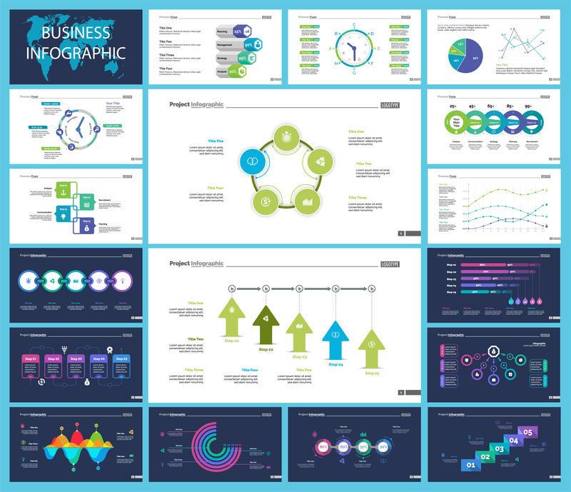 用于管理概念的业务信息图形设计集-可用于商业项目年报网页设计-流程图选项图散点图饼图流程图圆环图