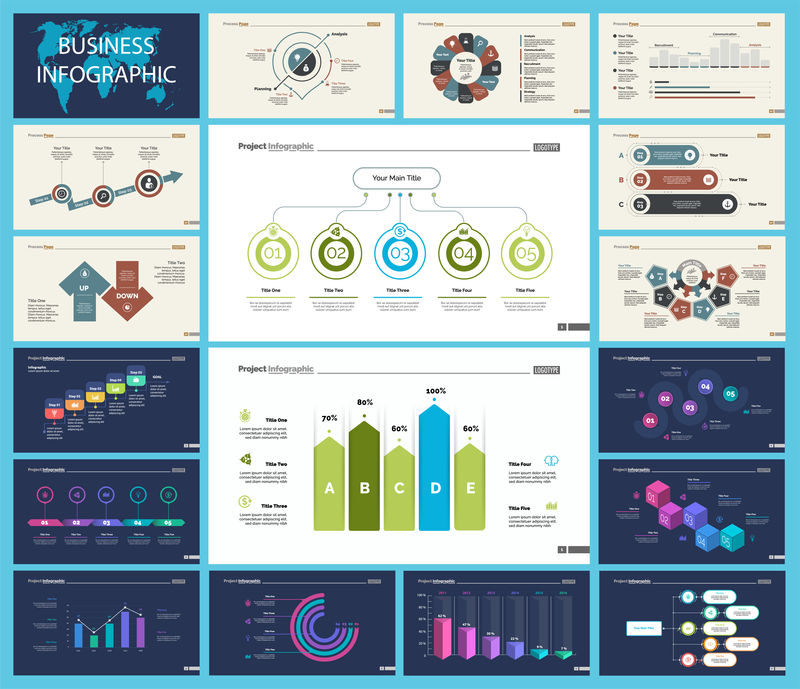 一组分析或管理概念信息图表-演示幻灯片模板的业务图-用于公司报告广告横幅和小册子设计
