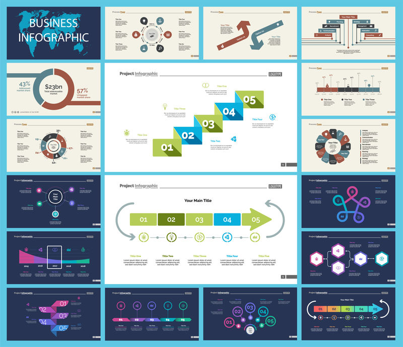 一组分析或营销概念信息图表-演示幻灯片模板的业务图-用于公司报告广告横幅和小册子设计