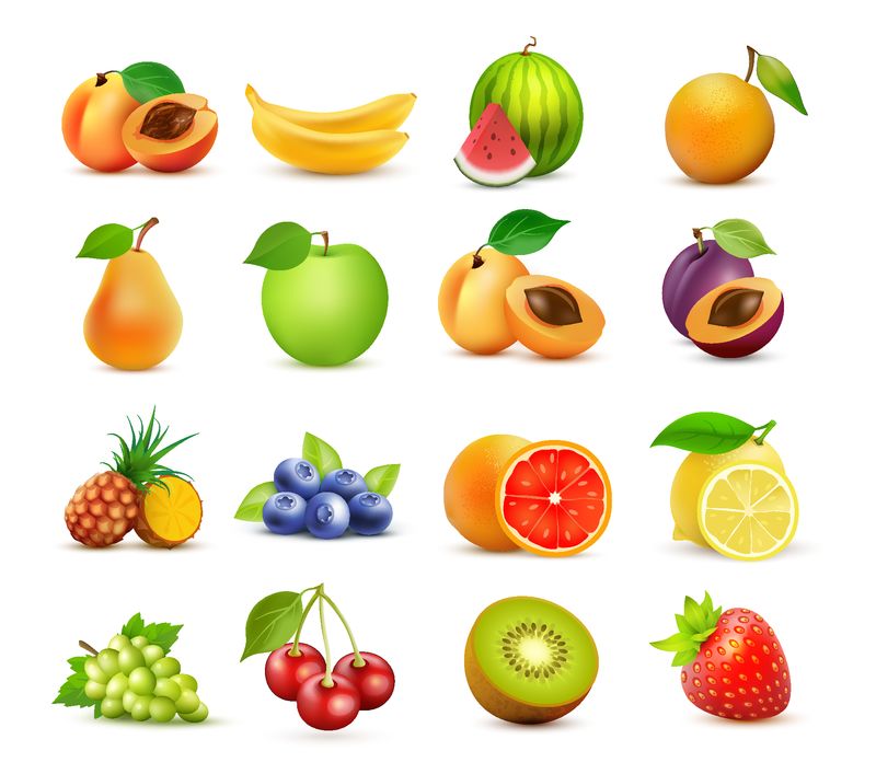 水果和浆果图标收藏-卡通水果和浆果的矢量图-如苹果梨草莓橘子桃子李子香蕉菠萝葡萄猕猴桃芒果-白色隔离