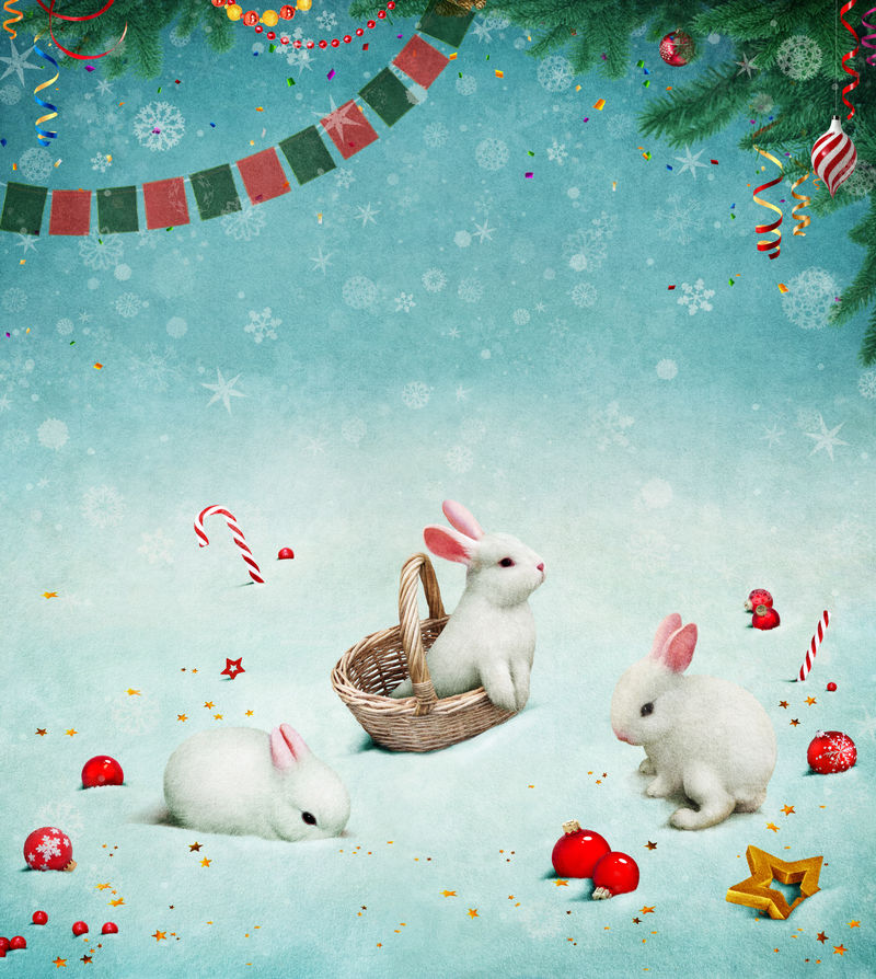 背景或贺卡，带小兔子和圣诞玩具