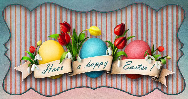 复活节贺卡或横幅，有彩蛋、鲜花和横幅
