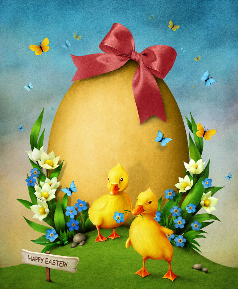 带花的大复活节彩蛋和两只小鸭