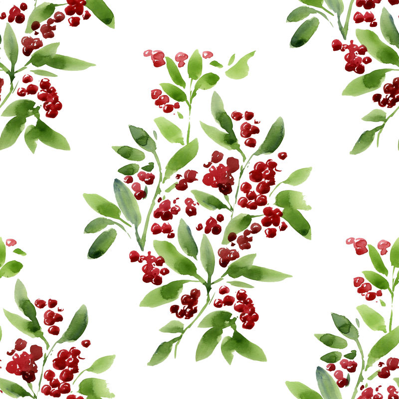 圣诞水彩无缝图案-冬青和红色浆果