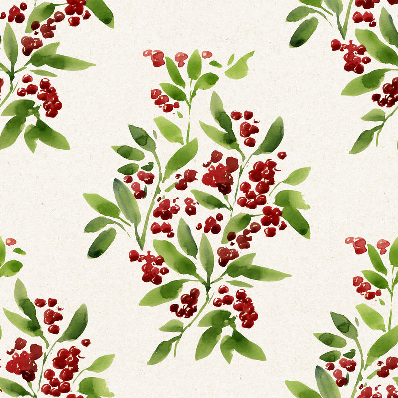 圣诞水彩无缝图案-冬青和红色浆果