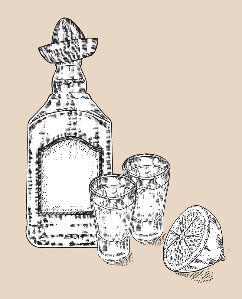一瓶龙舌兰酒。手绘两杯龙舌兰酒。工程师