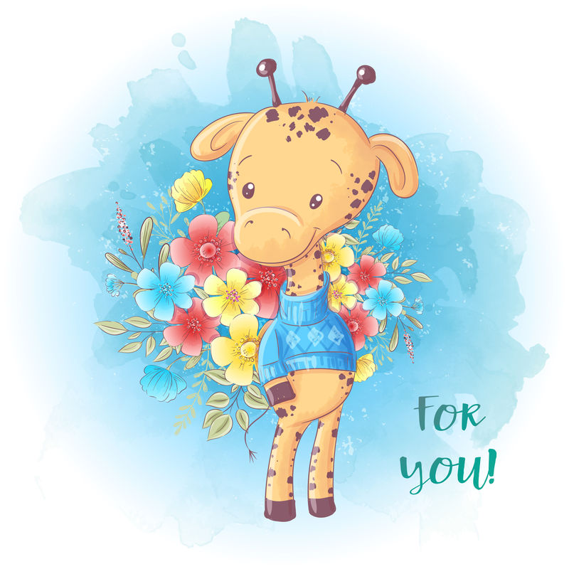 卡通可爱的长颈鹿和一束花。生日卡。矢量图解