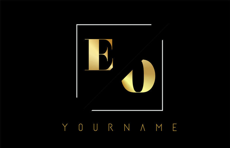EO金色字母标志，带切割和交叉设计
