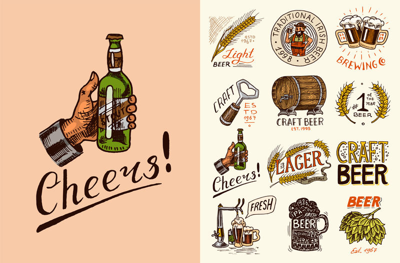 五颜六色的复古啤酒标志-配眼镜杯、酒杯、水龙头、木桶、开瓶器、零食、独立矢量图