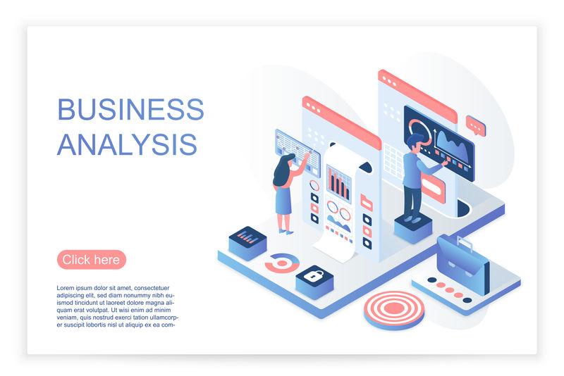 人们与虚拟屏幕交互，分析业务数据和图表。商业数据分析网站页面等角矢量图。