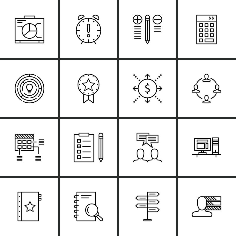 一组关于质量管理、计划、现金流等的项目管理图标。优质的EPS10矢量演示，适用于手机、应用程序、用户界面设计。