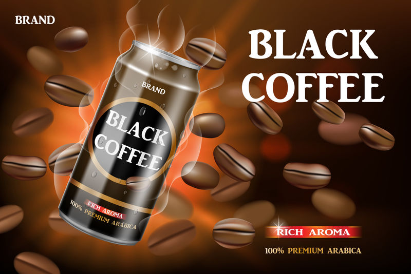 逼真的黑色罐装咖啡，周围有豆子。以博凯为背景的产品咖啡饮料设计。矢量三维图解