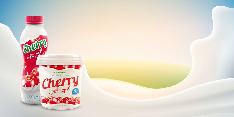 樱桃酸奶广告与空白瓶和明亮的背景牛奶飞溅的商业酸奶产品模拟现实的说明-位图复制