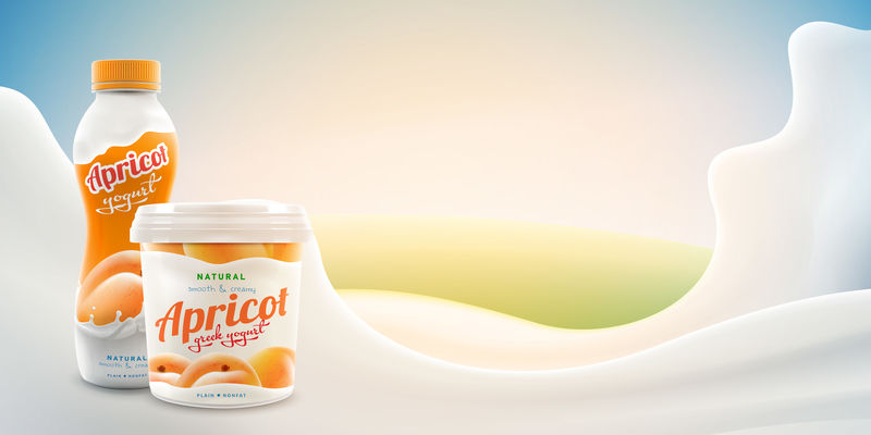 杏酸奶广告-空白瓶和瓶子-明亮背景-奶溅商业产品实物模型向量现实插图