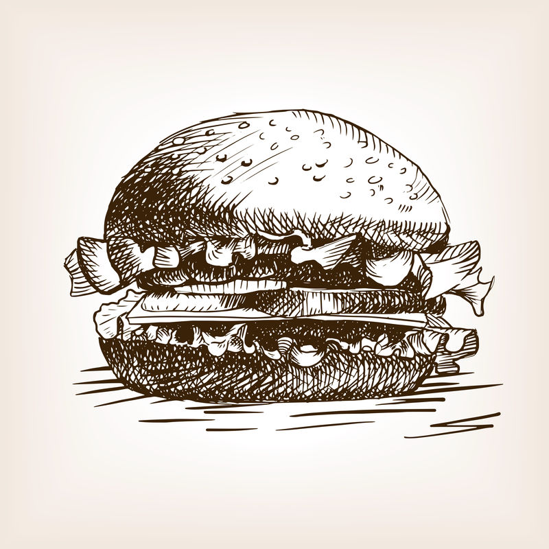 汉堡包三明治手绘草图风格矢量