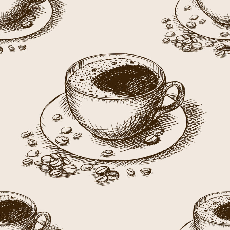 咖啡杯手绘无缝图案矢量