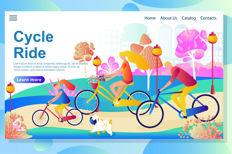 网页设计模板展示了一家人在公园里骑自行车，玩得开心，和小狗一起散步。