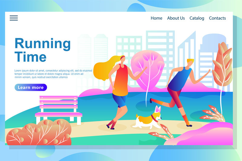 网页设计模板显示男人和女人带着狗在公园里奔跑。晨练