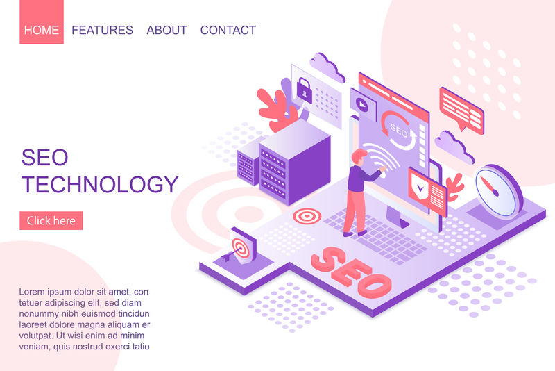 等距人提高搜索引擎优化技术。登录页模板矢量图。