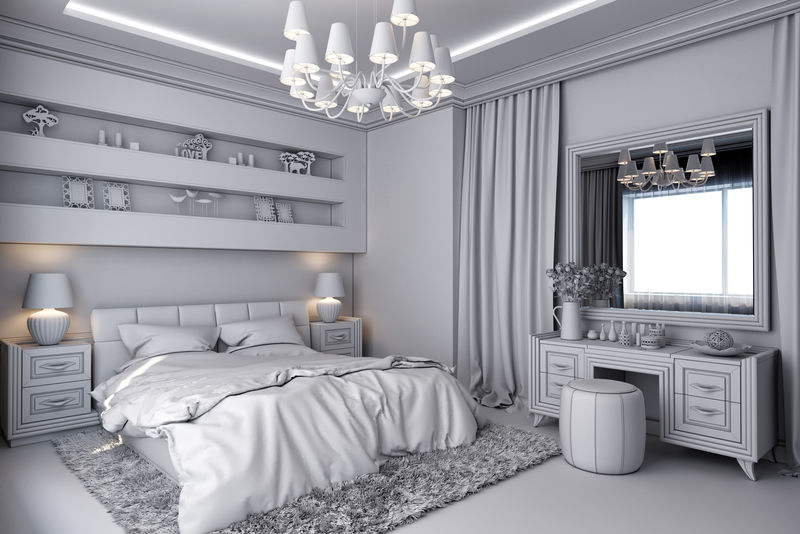 古典风格的白色卧室的3D插图