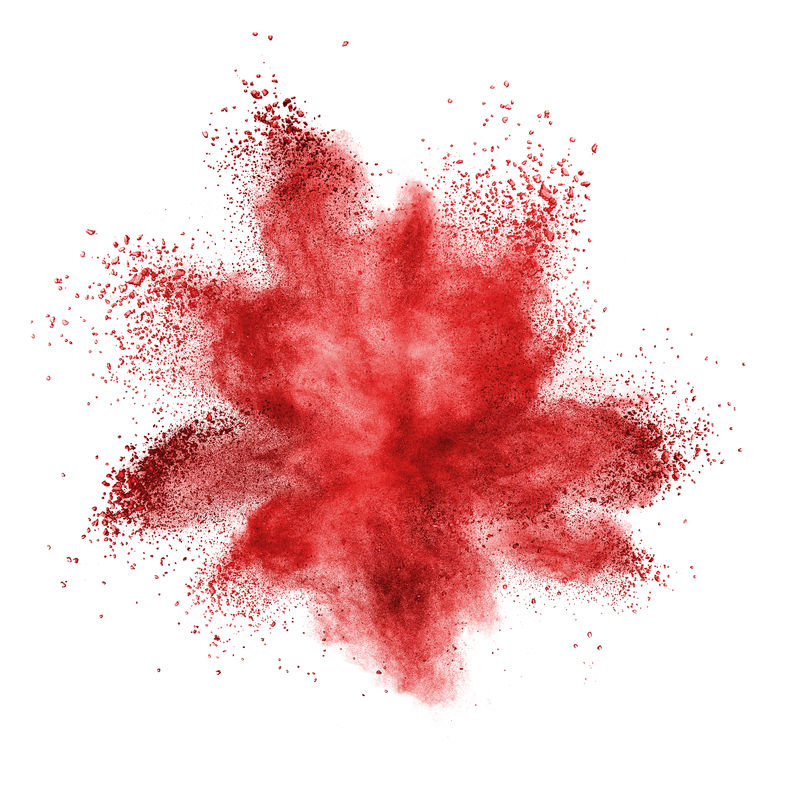 白色背景下爆炸的红色粉末爆炸