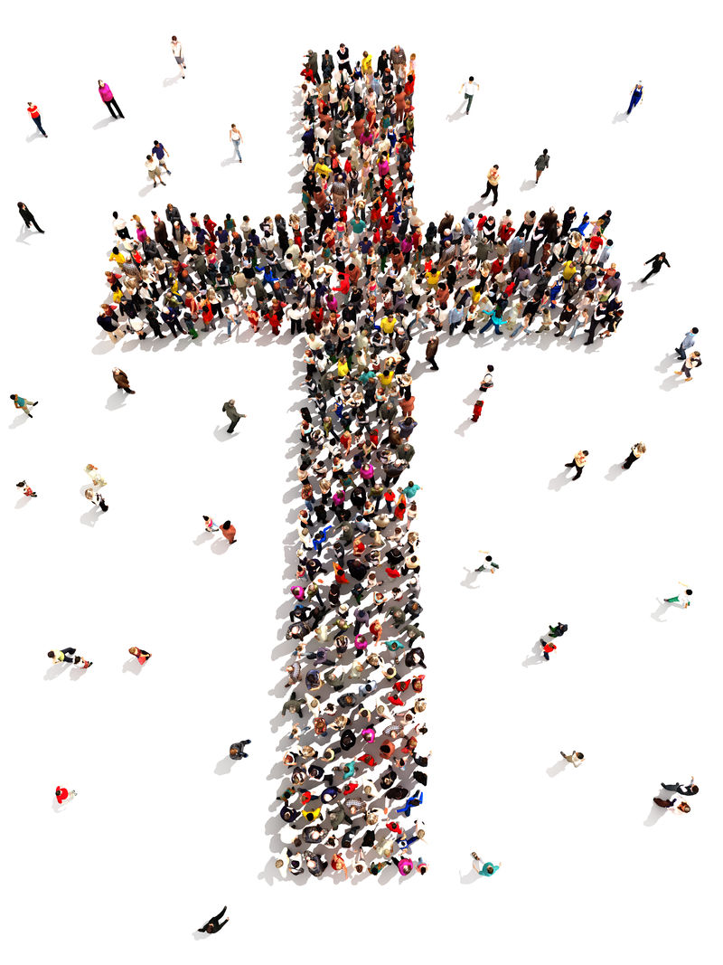 人们发现基督教、宗教和信仰-在白色背景下步行形成十字形的一大群人