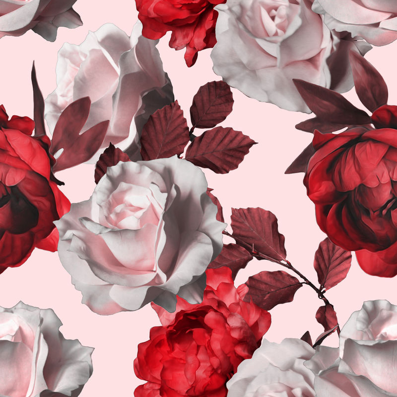 艺术复古红色单色水彩花卉无缝图案-白玫瑰和白玫瑰背景上的红色牡丹