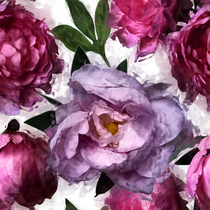 艺术复古花卉无缝图案-白色背景上独立的粉红色和淡紫色牡丹