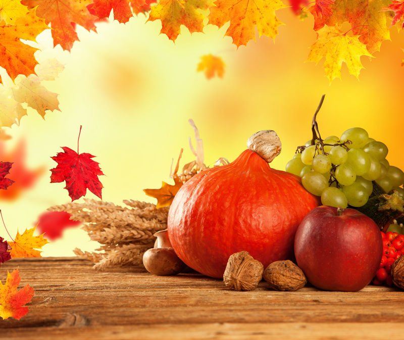 传统食物的秋季概念-在背景模糊的木桌上混合南瓜、水果和蔬菜-文本的可用空间