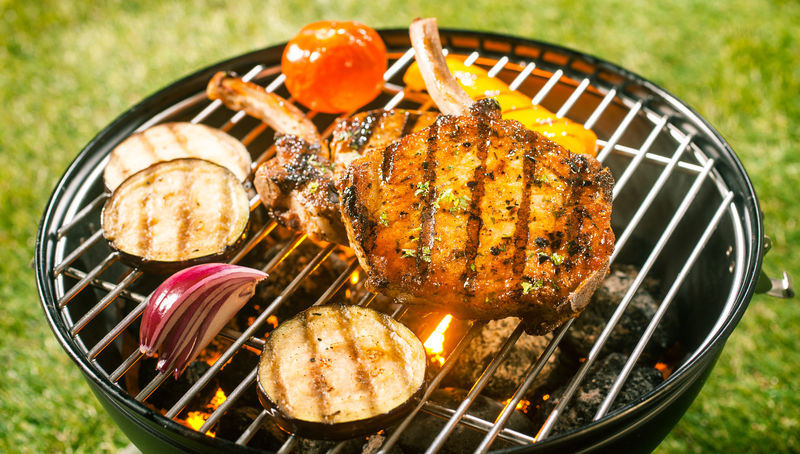 夏季烧烤-肉片和新鲜的健康蔬菜在户外的热煤上烧烤-在花园的绿草上烧烤