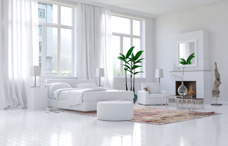 现代宽敞的白色卧室内饰-单色装饰-舒适的床和扶手椅位于明亮的阳光下的大窗户下-3D渲染