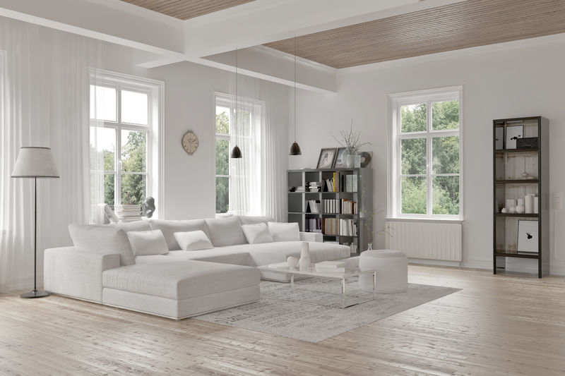 现代阁楼客厅室内单色的白色装饰-一个舒适的组合休息室套房地毯口音书架结构的天花板横梁-3D渲染
