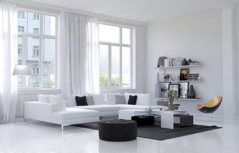 宽敞的白色客厅-内部有大窗户和一张角落的长椅-椅子放在地毯上-地毯上挂满了个人装饰品和纪念品-三维渲染