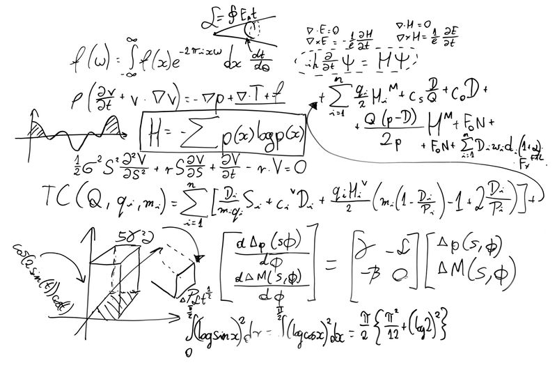 白板上的复杂数学公式。数学和科学与经济学。知识，教育。