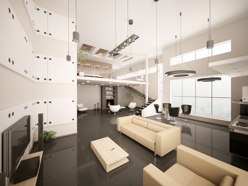 现代公寓客厅厨房内部3D渲染