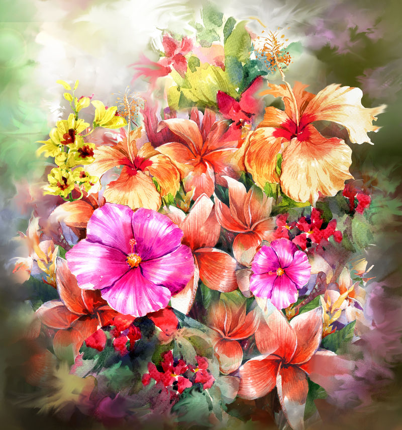 五彩花束水彩绘画风格.数码绘画