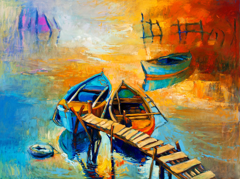 原画油画-船和日落-现代印象派