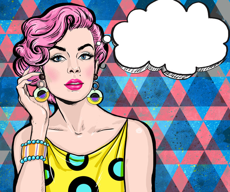 带着语音泡泡的波普艺术女孩-派对邀请函或生日贺卡设计-粉色头发的女人-漫画风格的杂志封面模特