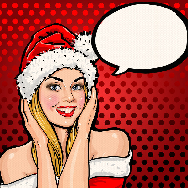 戴着圣诞帽、红底泡泡糖的女孩-圣诞或新年派对请柬