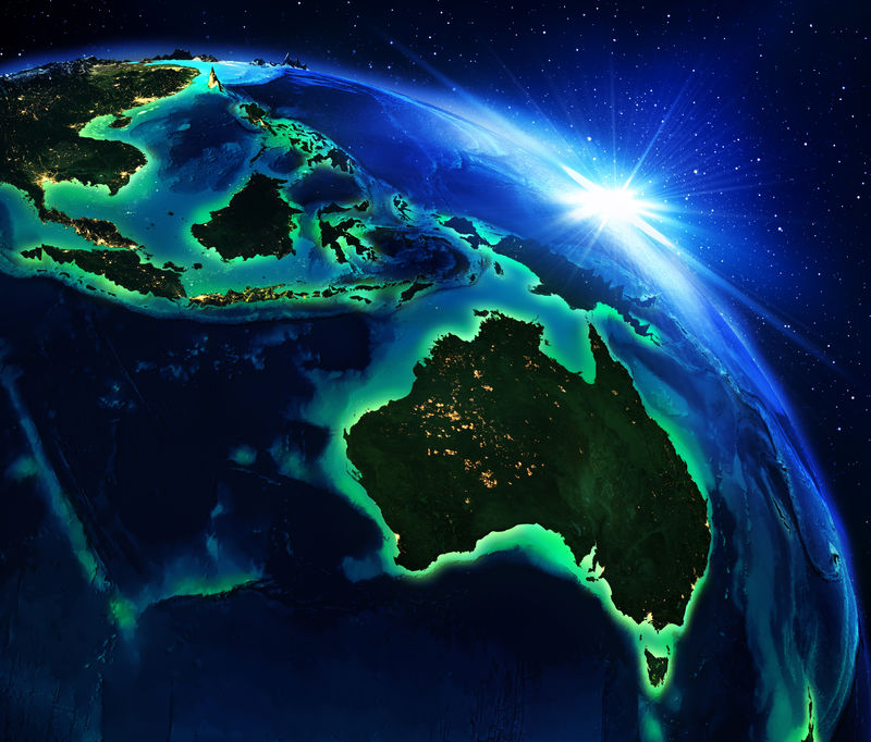 澳大利亚和印度尼西亚的陆地区域-由美国国家航空航天局提供的这幅图像的夜间地图元素