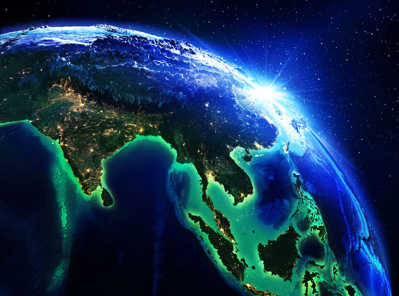 印度、中国和印度尼西亚的陆地区域——美国国家航空航天局提供的这张图片的夜间地图元素