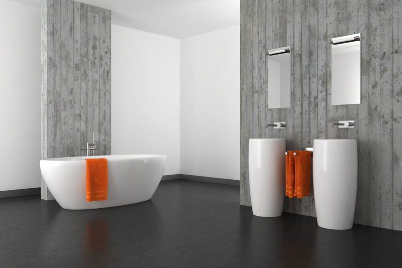 带混凝土墙和深色地板的现代浴室