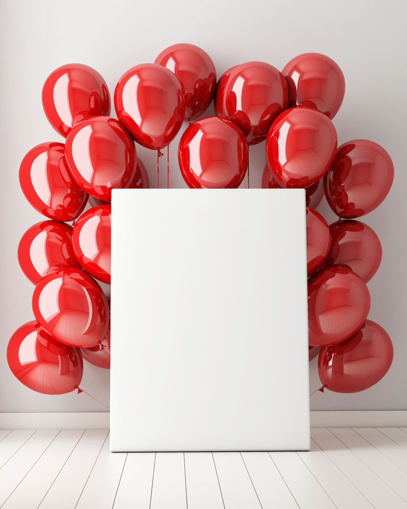 用红色气球、3D插图在室内背景制作海报
