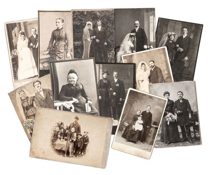 一组关于1885-1900年的古老家庭和婚礼照片-怀旧的伤感图片拼贴在白色背景上-有划痕和薄膜纹理的原始照片