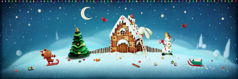 用姜饼屋和圣诞树、兔子和熊冒险的物品展示全景图