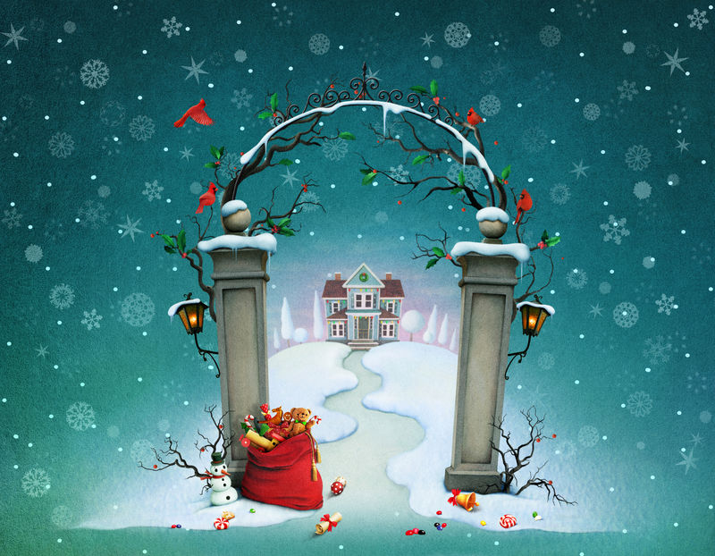 贺卡或海报-圣诞插画门-礼物和房子的袋子