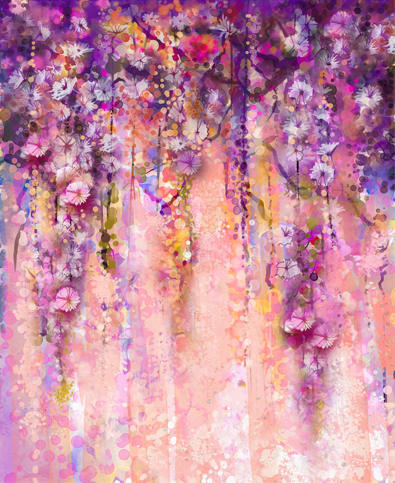 抽象花卉水彩画-春天紫藤紫花-背景是博克